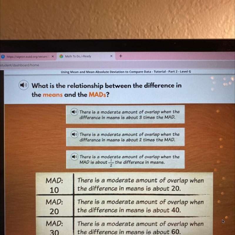 What is the relationship between the difference in the means and the MADs?-example-1