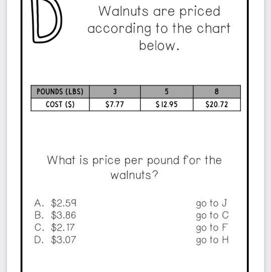 Walnuts are priced according to the chart below. POUNDS (LBS) COST (S) 3 $7.77 5 $ 12.95 8 $20.72 What-example-1