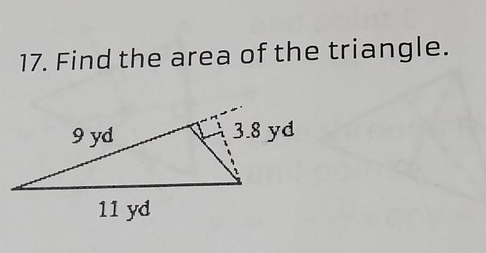 17. Find the area of the triangle. 9 yd 11 yd 3.8 yd​-example-1