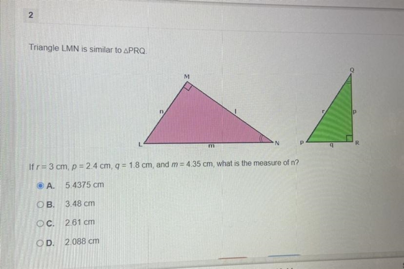 If r= 3 cm, p = 2.4 cm, q = 1.8 cm, and m= 4.35 cm, what is the measure of n?-example-1