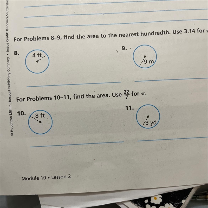 For problems 8-9 find the area to the nearest hundredth use 3.14 for pi please answer-example-1