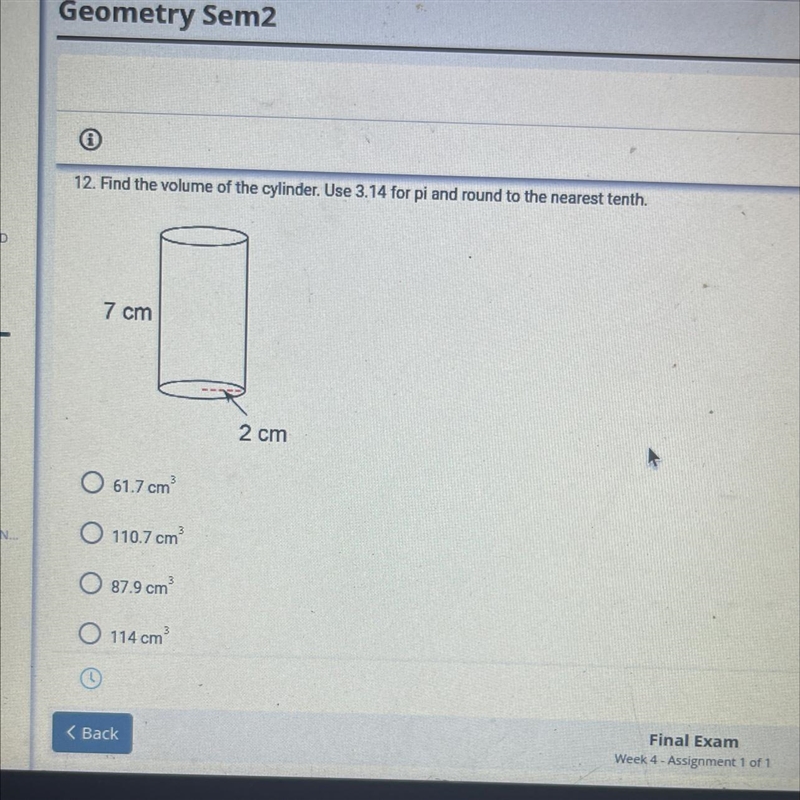 12. Find the volume of the cylinder. Use 3.14 for pi and round to the nearest tenth-example-1