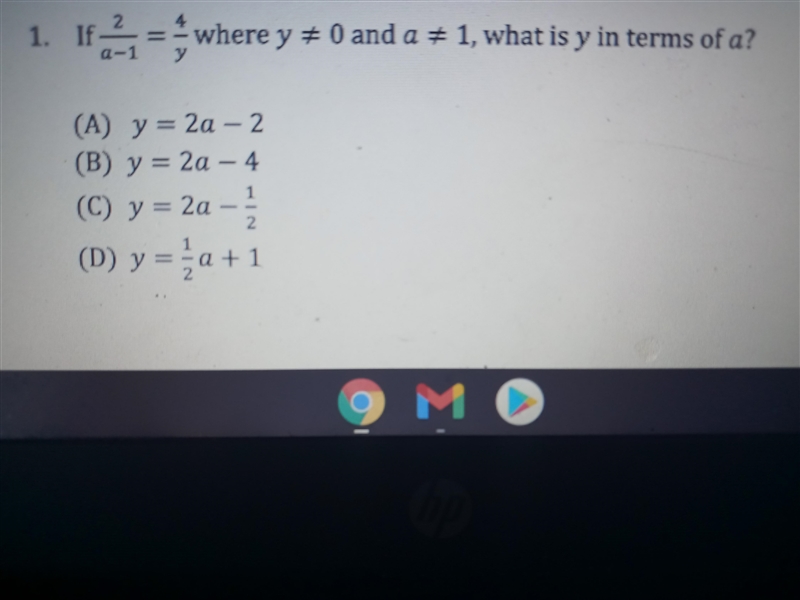 1. ifi = where y = 0 and a + 1, what is y in terms of a? (A) y = 2a - 2 (B) y = 2a-example-1