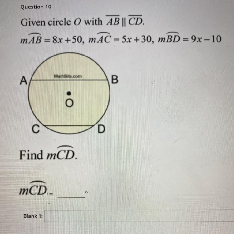 Given circle O with AB || CD. MAB = 8x +50, MAC = 5x +30, mBD=9x - 10-example-1