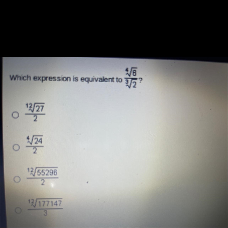 Which expression is equivalent to 4^sqrt 6 / 3^sqrt2-example-1