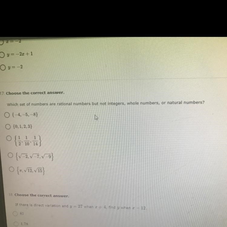 pls help!! Which set of numbers are rational numbers but not integers, whole numbers-example-1