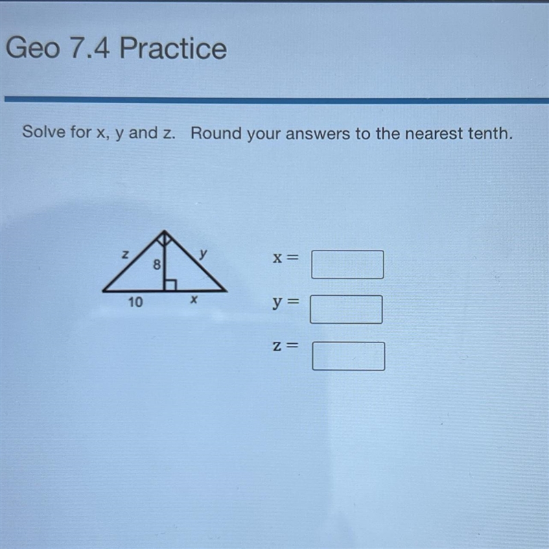 Solve for x, y and z. Round your answers to the nearest tenth.-example-1