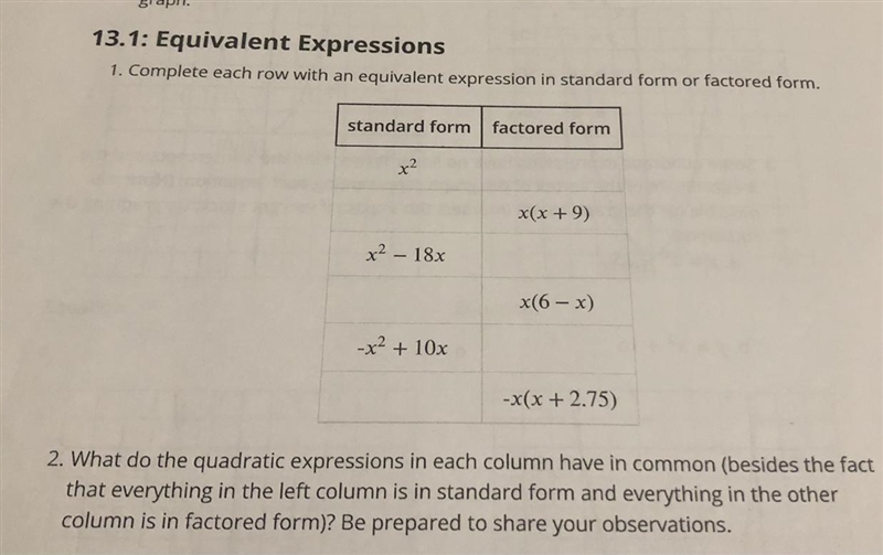 13.1: Equivalent Expressions 1. Complete each row with an equivalent expression in-example-1