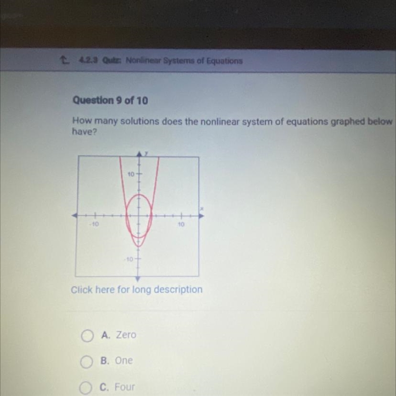 How many solutions does the nonlinear system of equations graphed below have? A. Zero-example-1