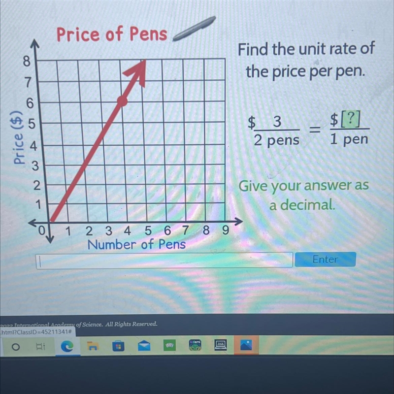 Price of Pens8Find the unit rate ofthe price per pen.7$[?]$ 32 pens=Price ($)1 pen-example-1