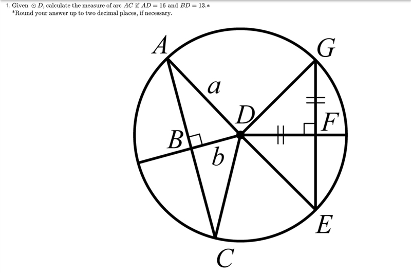 Given circle D, calculate the measure of arc AC if AD=16 and BD=13.-example-1