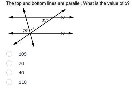 The top and bottom lines are parallel. What is the value of x?-example-1