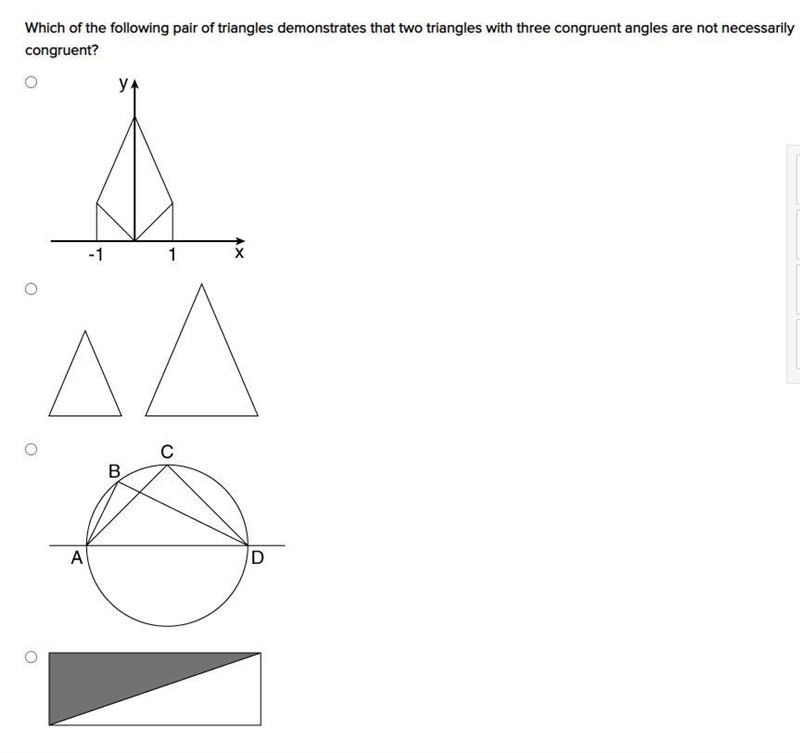 Which of the following pair of triangles demonstrates that two triangles with three-example-1