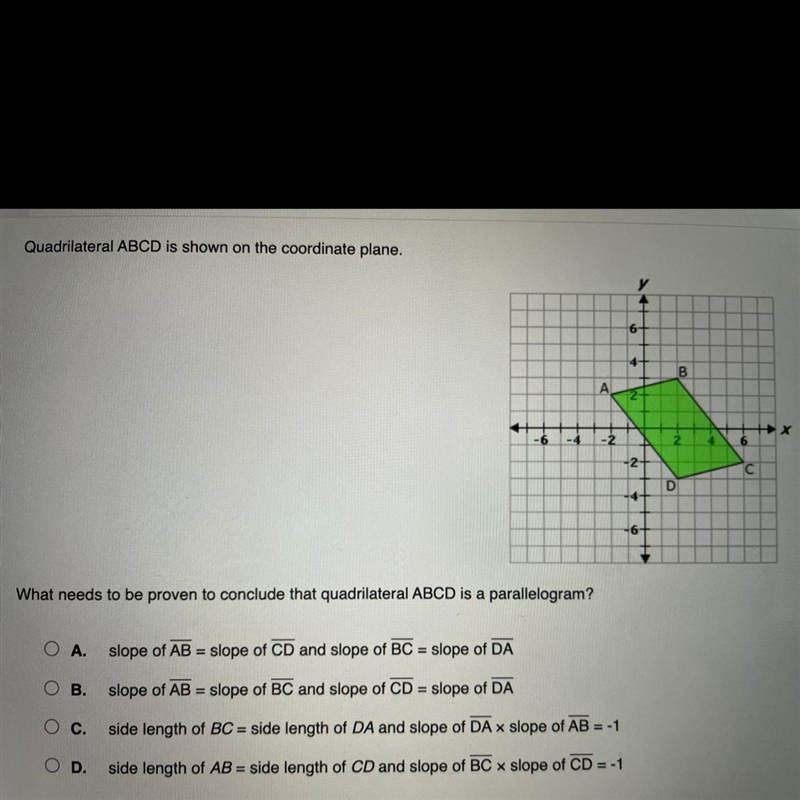 Quadrilateral ABCD is shown on the coordinate plane. What needs to be proven to conclude-example-1