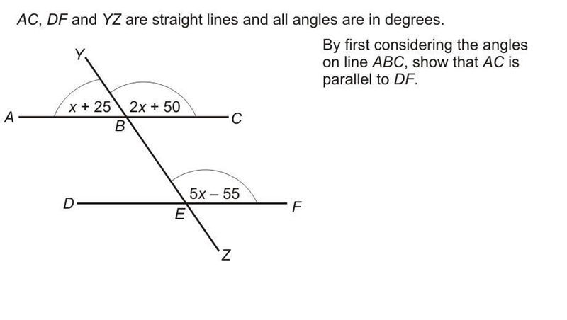 AC, DF and YZ are straight lines and all angles are in degrees. By first considering-example-1