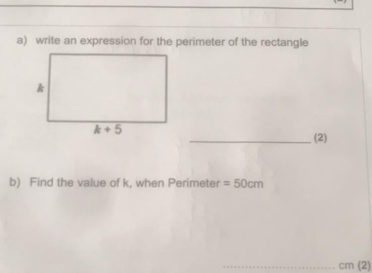 A) write an expression for the perimeter of the rectangle k k+5 ) Find the value of-example-1