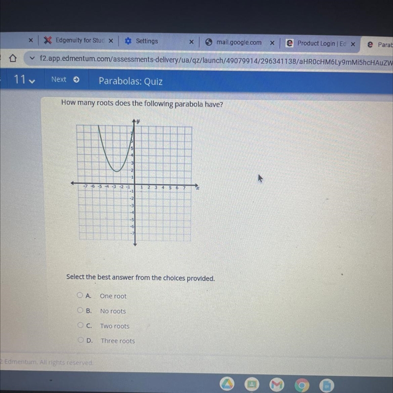 How many roots does the following parabola have?-example-1