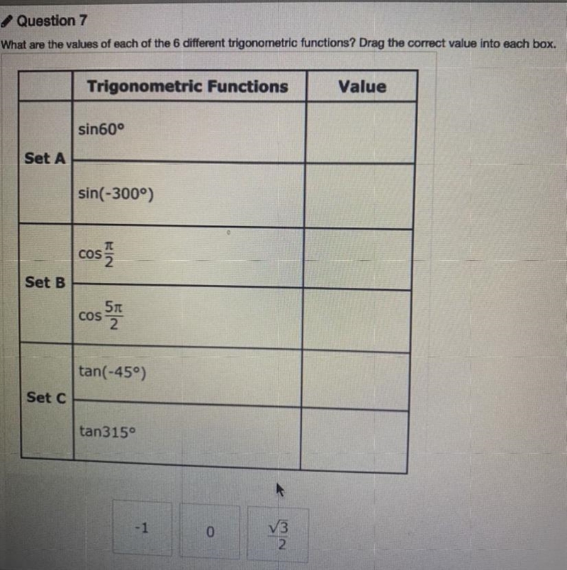 What are the values of each of the 6 different trigonometric functions? Drag the correct-example-1