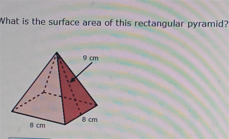 What is the surface area of this rectangular pyramid? ​-example-1