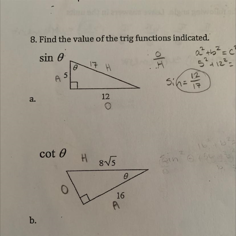 Help with number 8b pls "find cot of theta hypotenuse = 8√5 Adjacent side = 16&quot-example-1