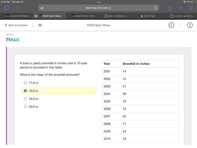 A town's yearly snowfall in inches over a 10-year period is recorded in this table-example-1