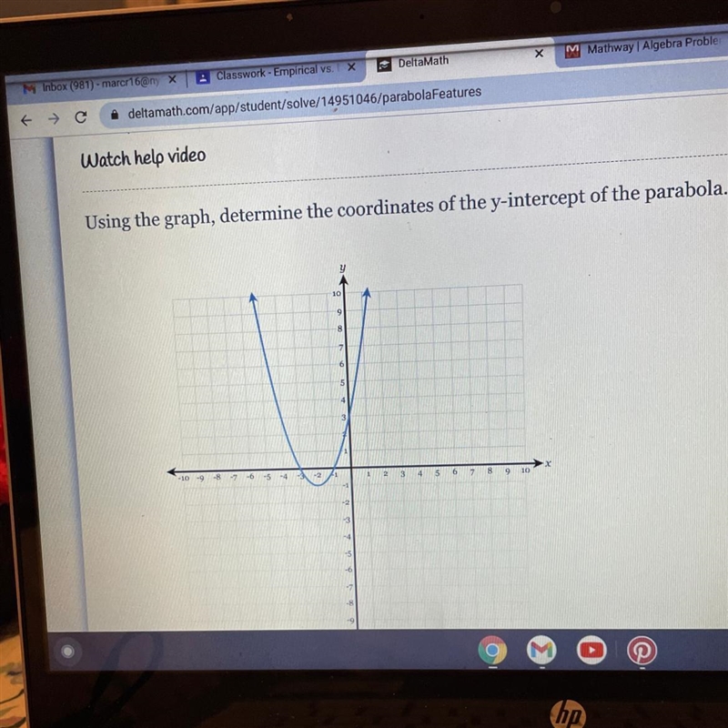 Using the graph, determine the coordinates of the y-intercept of the parabola. 10 B-example-1