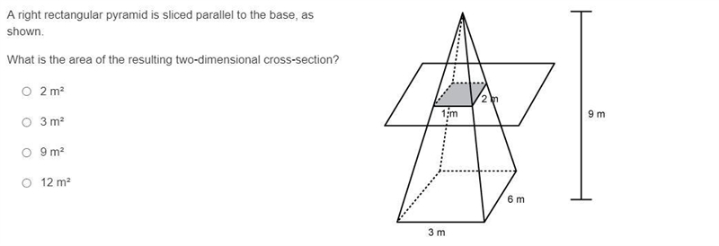 A right rectangular pyramid is sliced parallel to the base, as shown. (100 POINTS-example-1