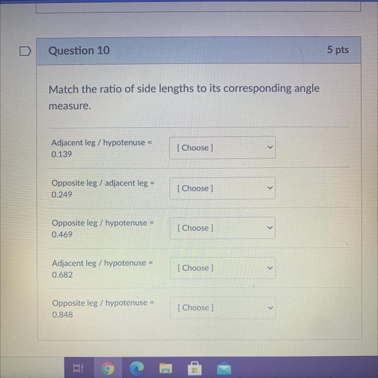 Match the ratio of side lengths to its corresponding anglemeasure.-example-1