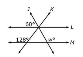 In this figure, lines L and M are parallel. What is the measure of angle w? 60\degree-example-1