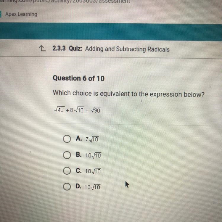 Which Choice is equivalent to the expression below V40+8V10+90-example-1