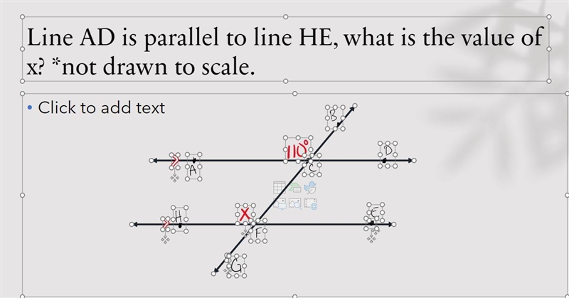 Line AD is parallel to line HE, what is the value of x? *not drawn to scale.-example-1