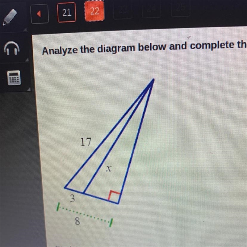 Find the unknown side length, x. Write your answer in simplest radical form. A. 15 B-example-1