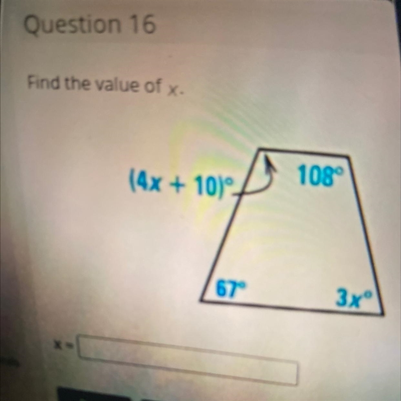 Find the value of x (4x+10) 108° 67° 3x-example-1