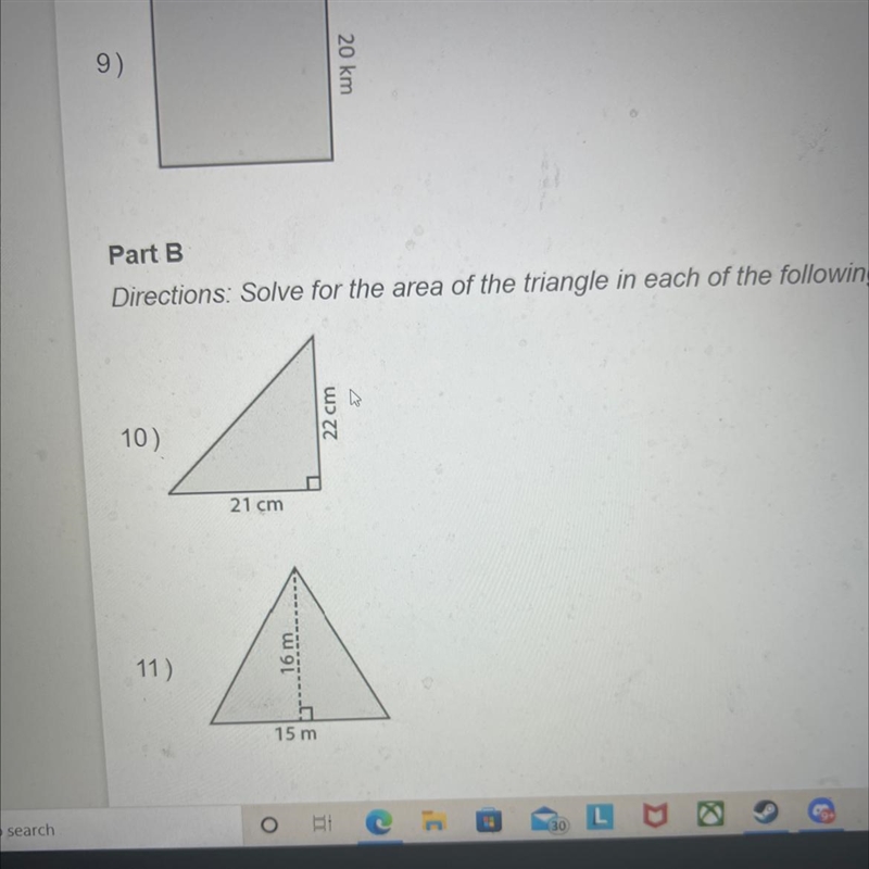 Part B. Directions: Solve for the area of the triangle in each of the following problems-example-1