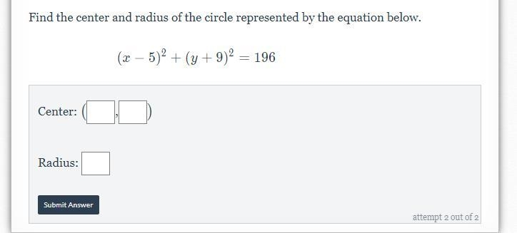 Find the center and radius of the circle represented by the equation below.-example-1