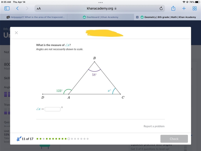 What is the measure of ∠ x ∠xstart color #11accd, angle, x, end color #11accd? Angles-example-1