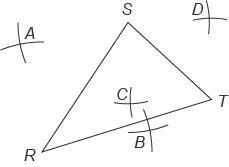 George is constructing the circumscribed circle for △RST. He has already used his-example-1