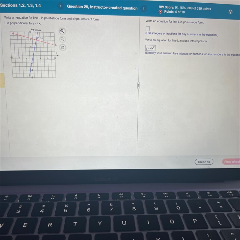 Write an equation for line L in point-slope form and slope-intercept form. L is perpendicular-example-1