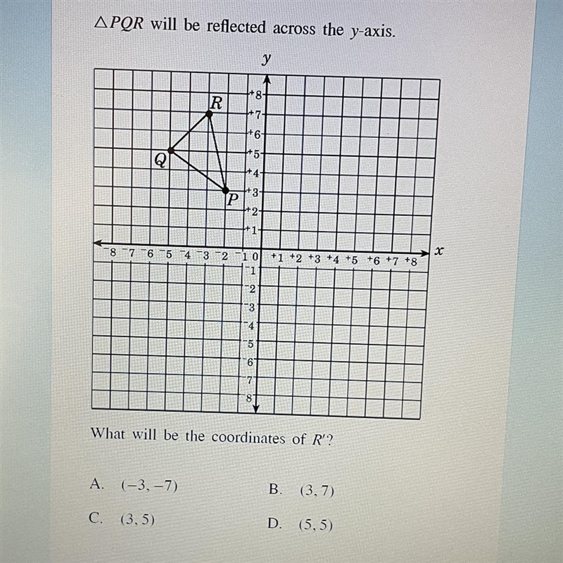 PQR will be reflected across the y-axis what will be the coordinates of R’? Help-example-1