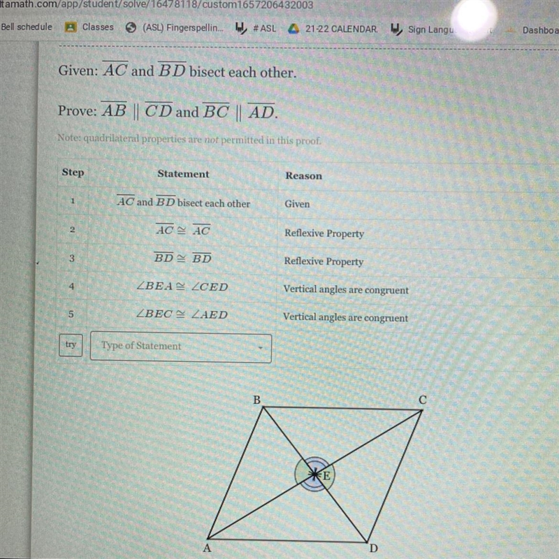 Given: AC and BD bisect each other. Prove: AB | CD and BC || AD.-example-1