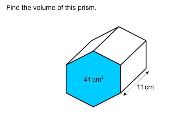 Find the volume of this prism. 41 cm? 11 cm-example-1