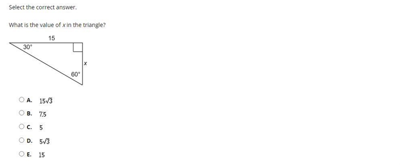 What is the value of x in the triangle? A. B. C. D. E.-example-1