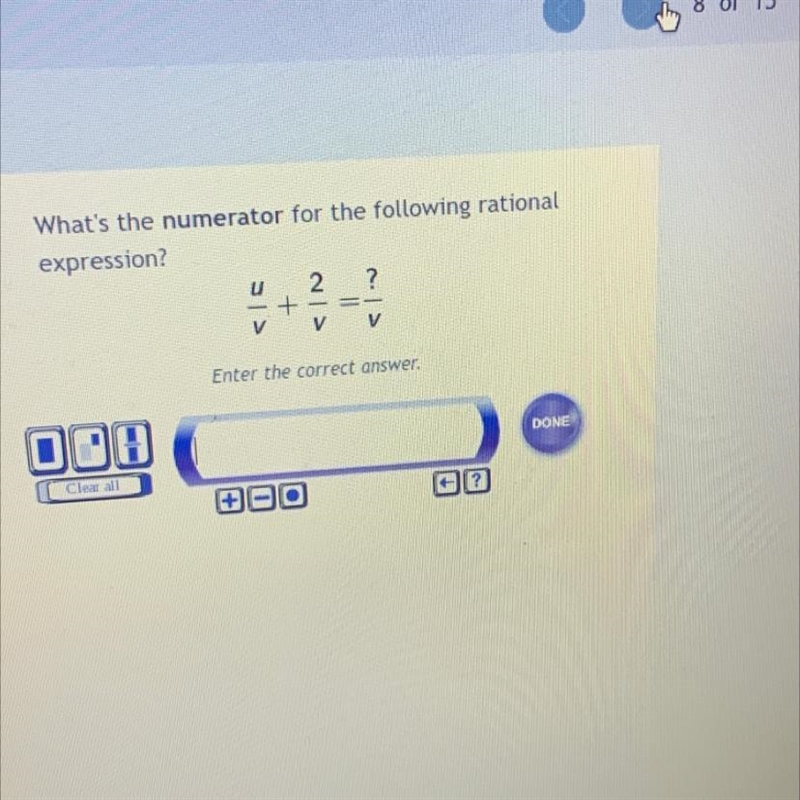 Whats the numerator for the following rational expression u/v + 2/v =?/v-example-1