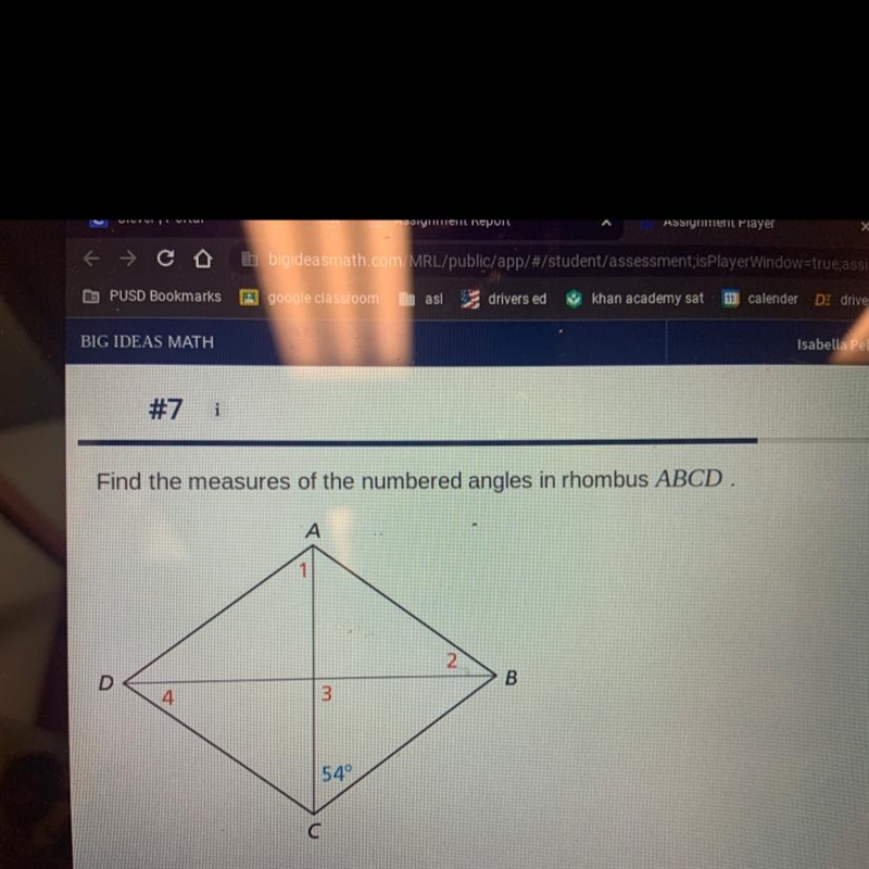 Find the measures of the numbered angles in rhombus ABCD . look for all four measures-example-1