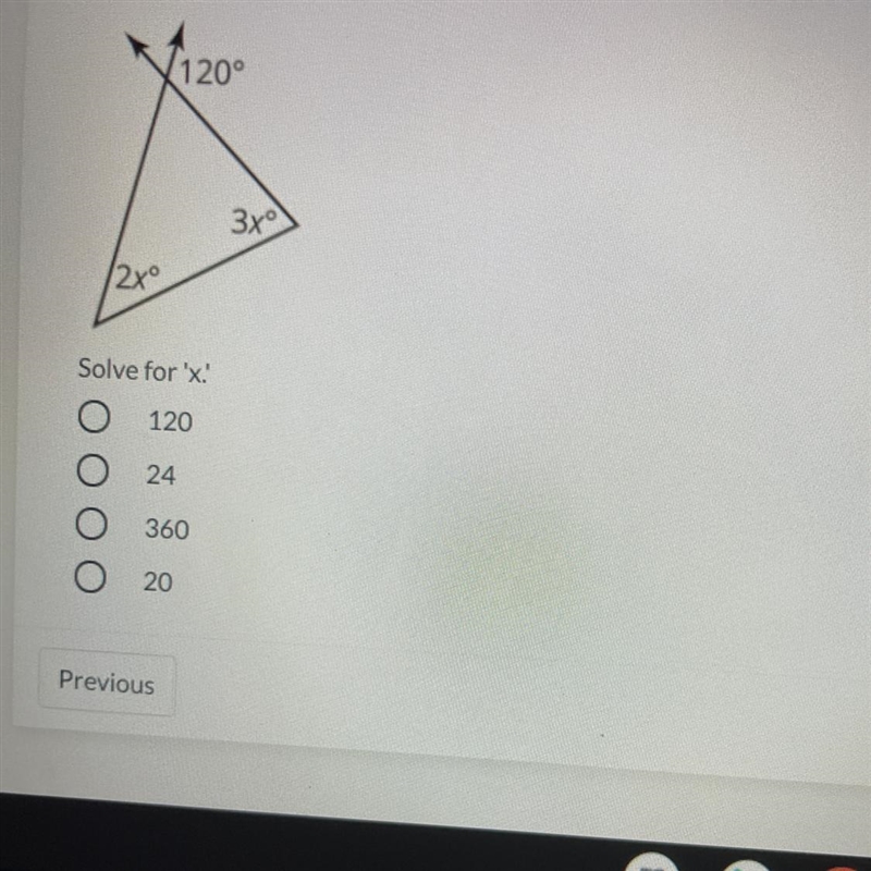 (120° 3x 2x Solve for x! 120 24 360 20-example-1