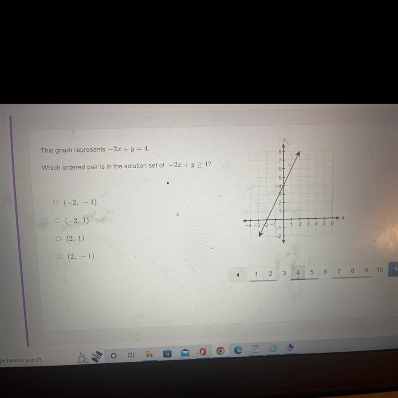 This graph represents -2x + y = 4. Which ordered pair is in the solution set of -2x-example-1