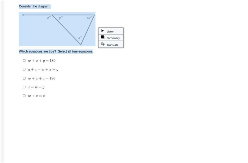 Question Consider the diagram. A triangle with interior angles labeled w degrees, x-example-1