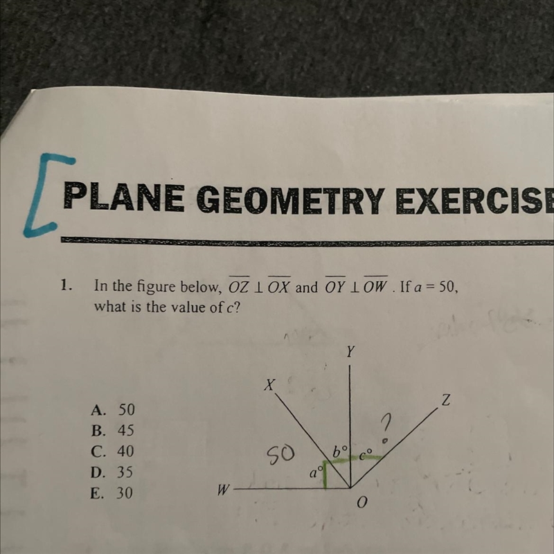 In the figure below OZ perpendicular OX and OY perpendicular OW. If a= 50, what is-example-1