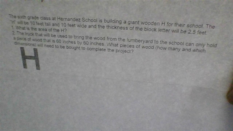 What is the area of H? How many pieces of wood will be brought to complete the project-example-1