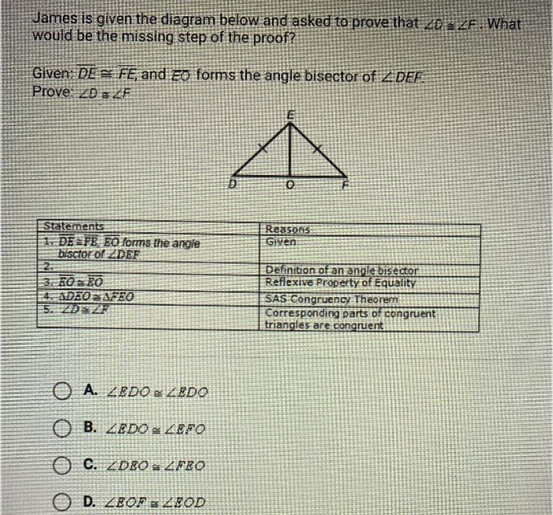 James is given the diagram below and asked to prove that ZD ZF. What would be the-example-1